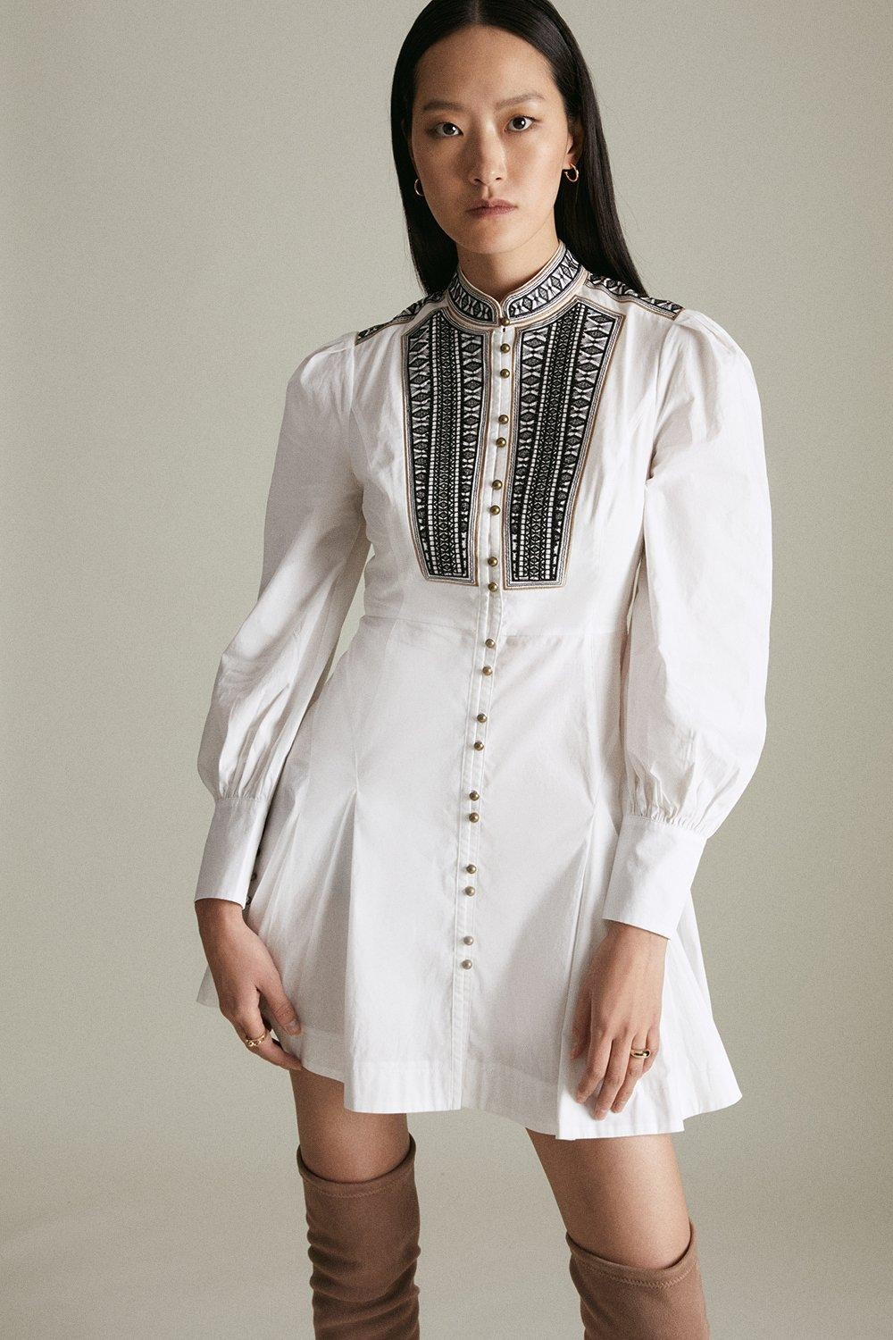 Poplin Tape Embroidery Woven Dress | Karen Millen UK & IE