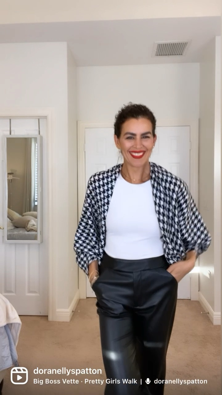 DIY cardigan with a scarf! Scarf is very soft and only $15 on Amazon! White Bodysuit and faux leather trousers are on sale! Red Lipstick is " feels so grand" from Mac. Fashion hacks, diy cardigan, casual outfit, sale alert

#LTKsalealert #LTKunder100 #LTKSeasonal