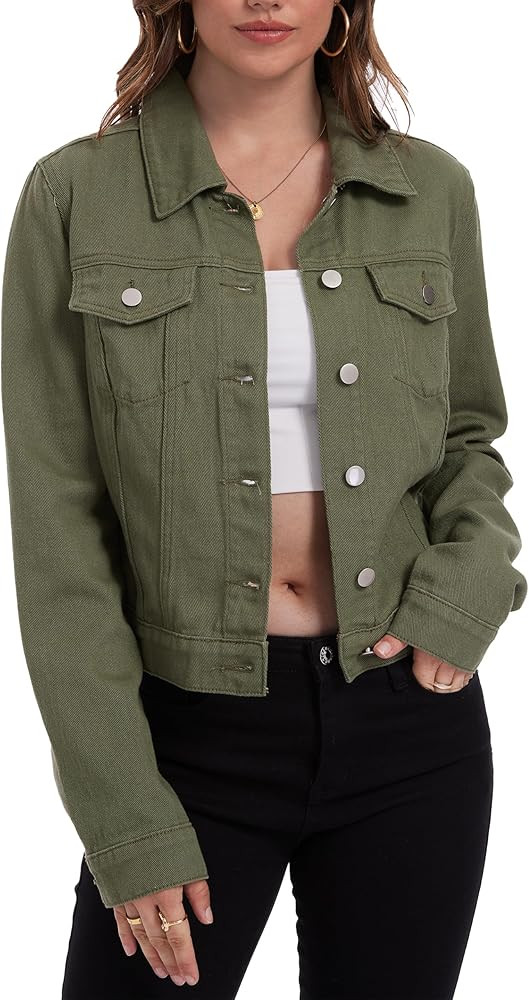 andy & natalie Women's Denim Jackets Cropped Long Sleeve Basic Button Down Crop Jean Shacket with... | Amazon (US)