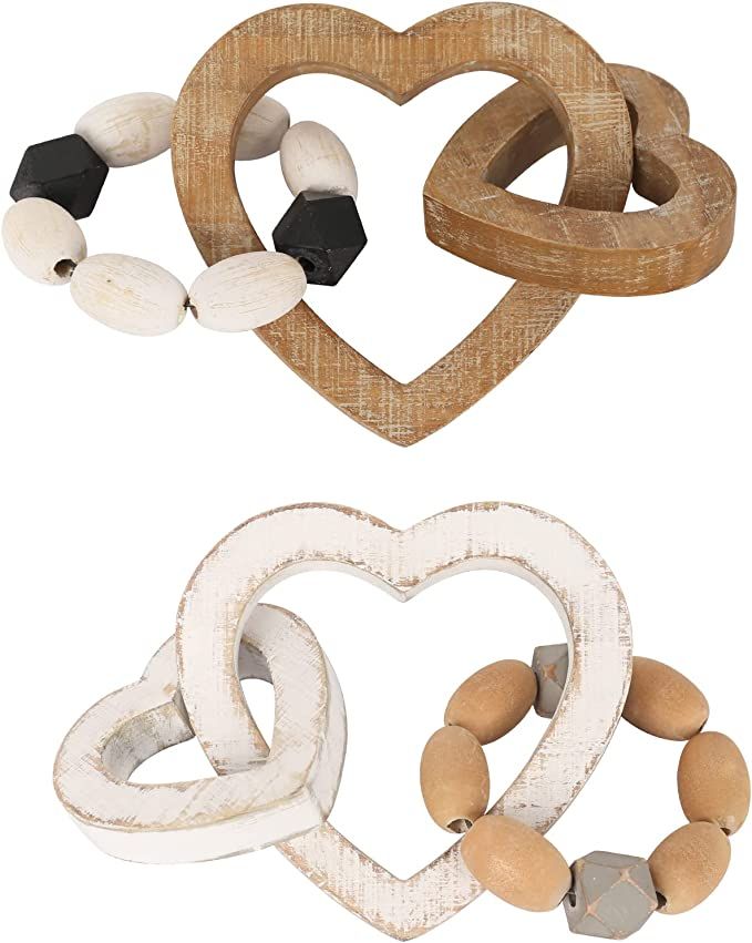 Wood Chain Link for Boho Home Decor, Handmade Carved 3 Link Wood Heart Knot & Wood Bead Decor, Na... | Amazon (US)