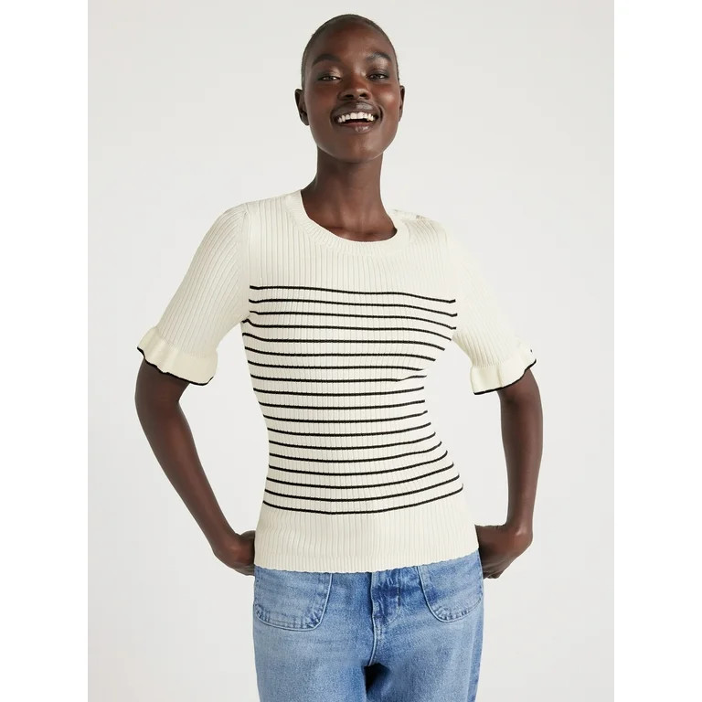 Free Assembly Women’s Short Sleeve Ruffle Trim Sweater, Midweight, Sizes XS-XXL | Walmart (US)
