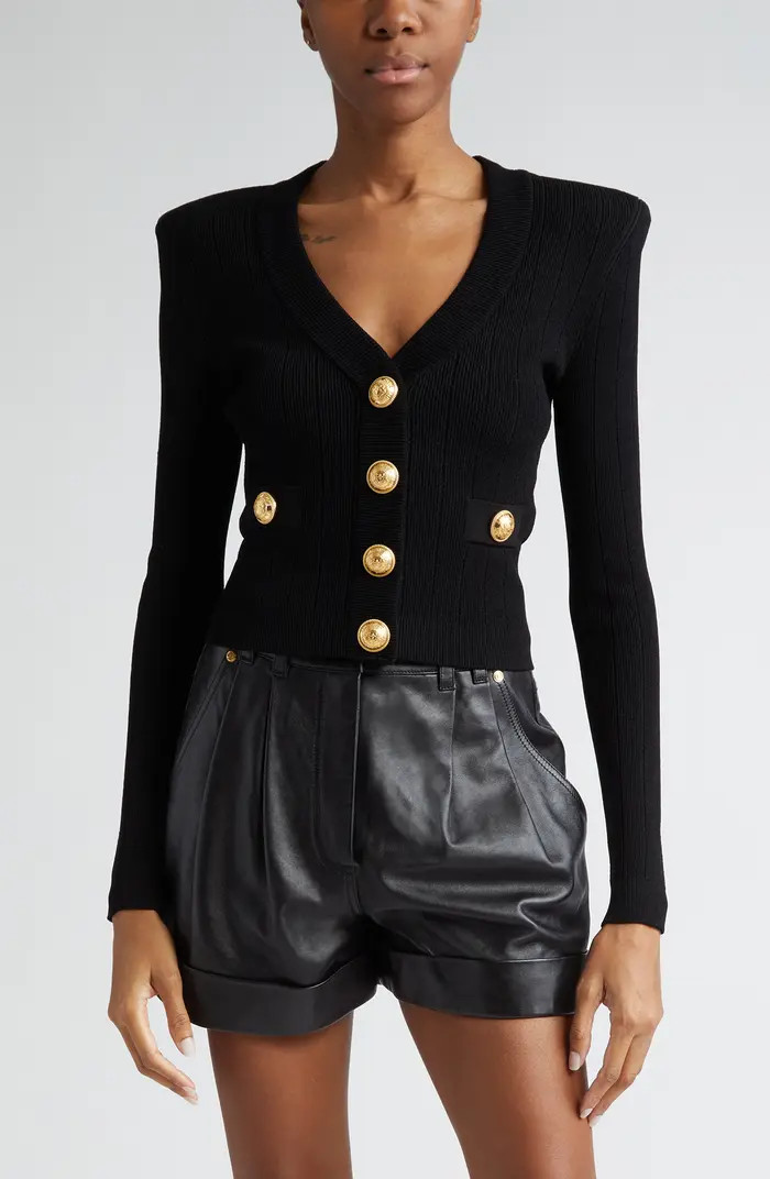 Balmain V-Neck Crop Pointelle Rib Cardigan | Nordstrom | Nordstrom