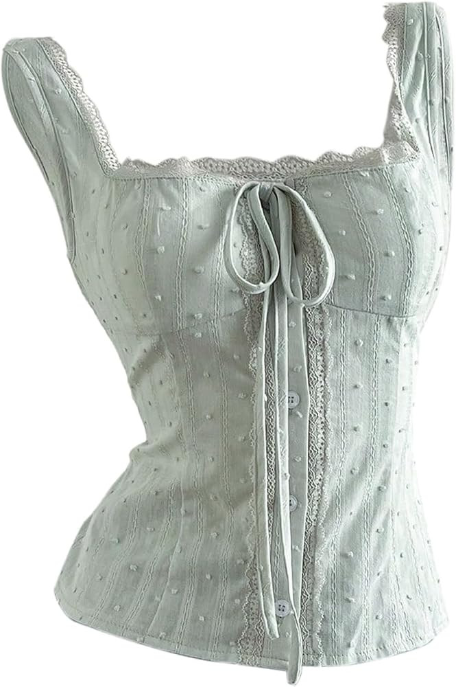 SOLY HUX Women's Y2k Lace Bow Tie Square Neck Button Tank Tops | Amazon (US)
