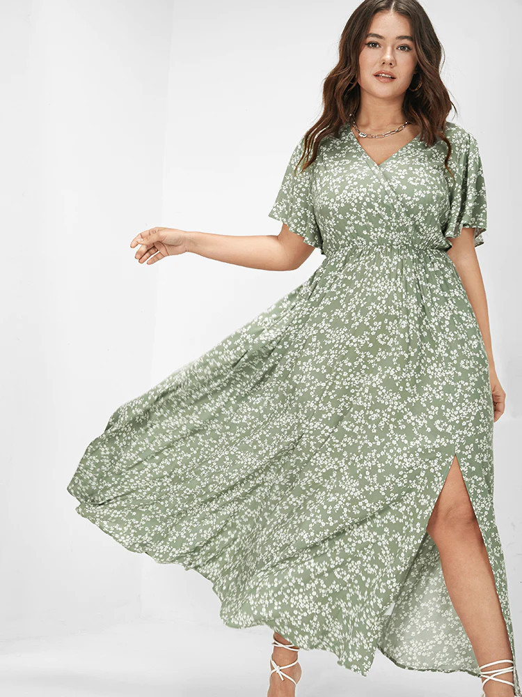 Bloom Dress - Flutter Sleeve Ditsy Floral Pocket Split Maxi Dress | Bloomchic