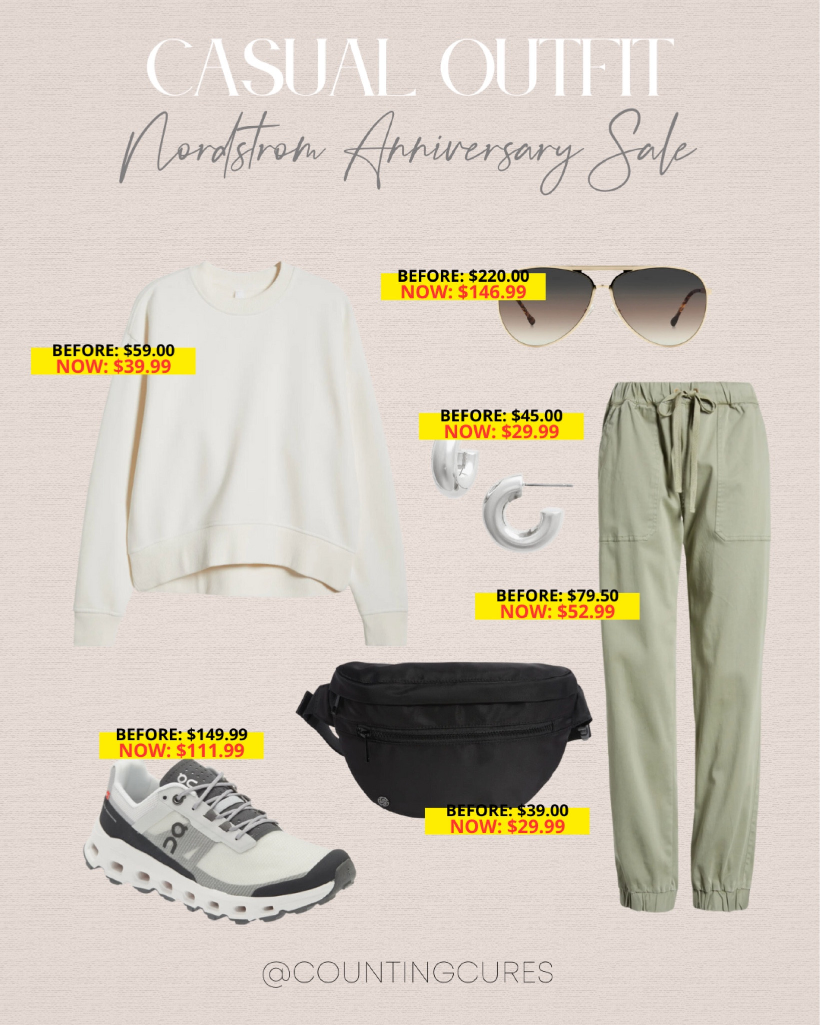 Upgrade your everyday staples with these laid-back pieces from the Nordstrom Anniversary Sale: white sweatshirt, green jogger pants, On sneakers, black belt bag and more!
#fashiondeal #casuallook #outfitidea #everydaystyle

#LTKxNSale #LTKShoeCrush #LTKStyleTip