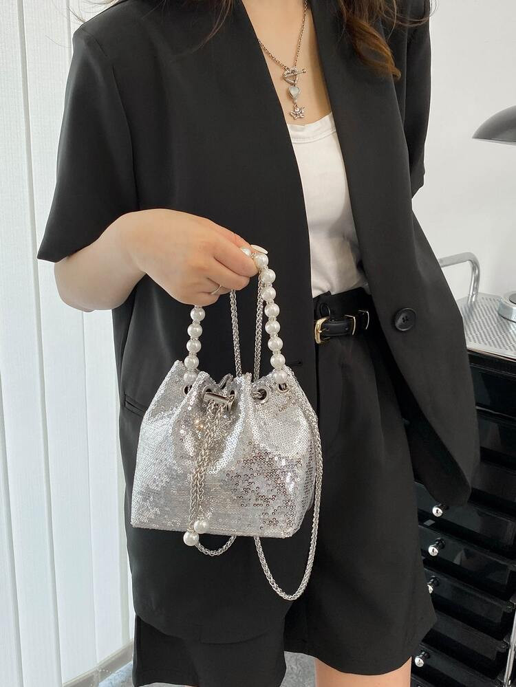 Mini Sequin & Faux Pearl Decor Drawstring Design Chain Bucket Bag | SHEIN