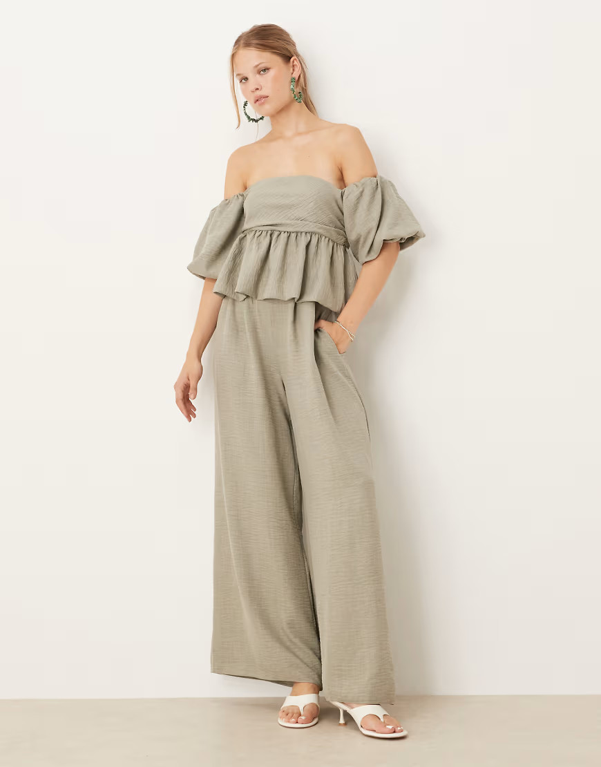 ASOS DESIGN bardot extreme puff sleeve peplum jumpsuit in khaki-Neutral | ASOS (Global)