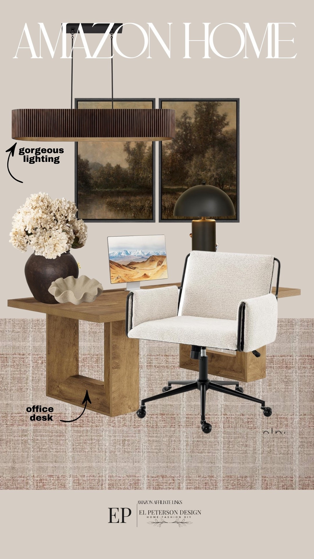 Amazon
Office desk
Table lamp
Vase
Office Chair
Stems 
Pendant light 

#LTKHome