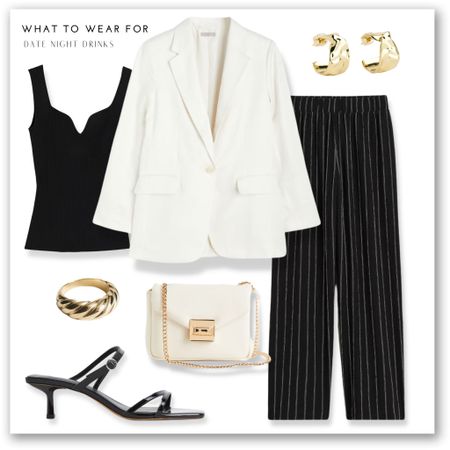 New in at H&M 🫶

Date night, evening style, white blazer, black top, pinstripe trousers, heels, white bag, gold jewellery 

#LTKstyletip #LTKSeasonal #LTKeurope
