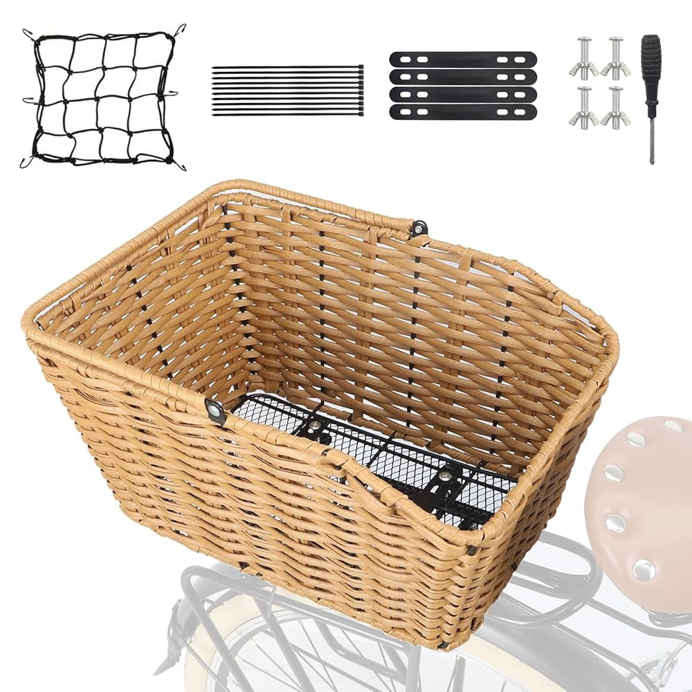 MEGHNA Bike Basket Woven Portable Rear Bicycle Basket with Protection Net Detachable Bike Rack Ba... | Amazon (US)