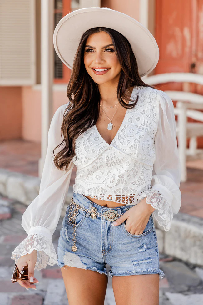 Cause A Scene Ivory Lace Long Sleeve V-Neck Blouse | Pink Lily