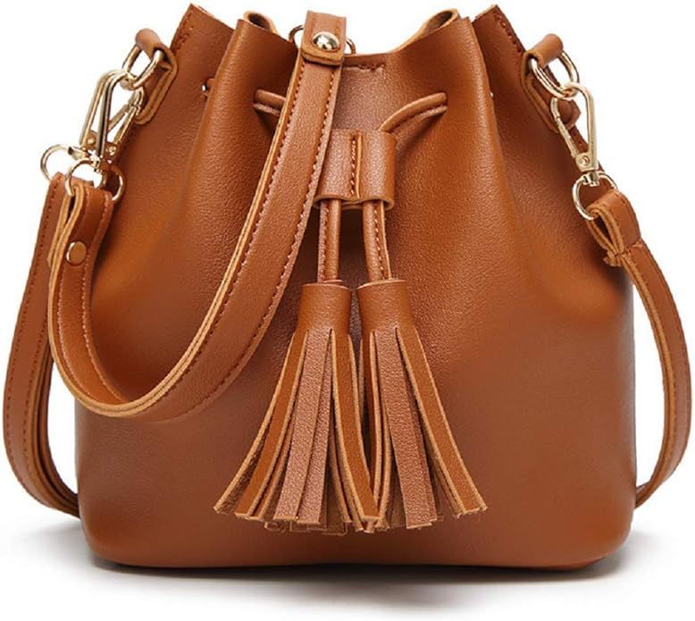 Dolce Na Womens Mini Bucket Bag Leather Drawstring Purse Tassel Crossbody Shoulder Bag | Amazon (US)