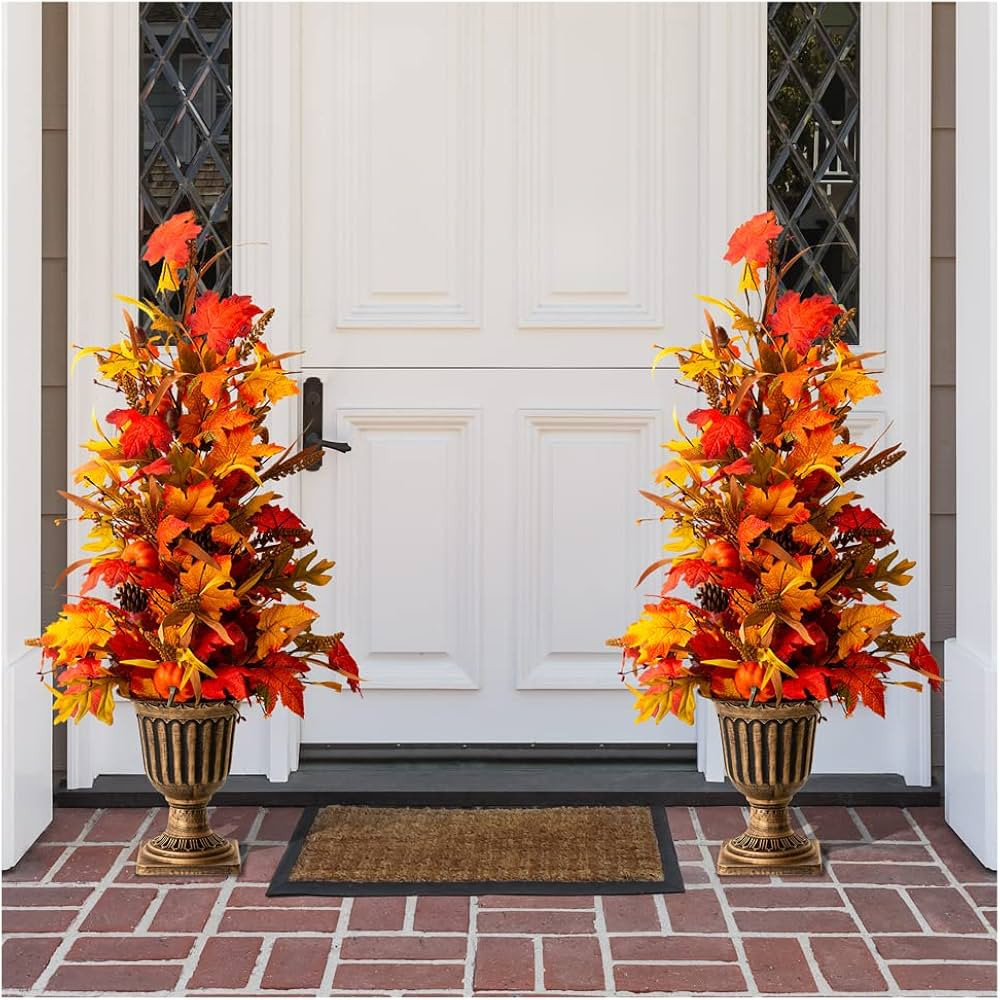 Glitzhome 2 Set Fall LED Lighted Maple Tree, Artificial Tree Urn Potted Porch Tree with 120 Warm ... | Amazon (US)