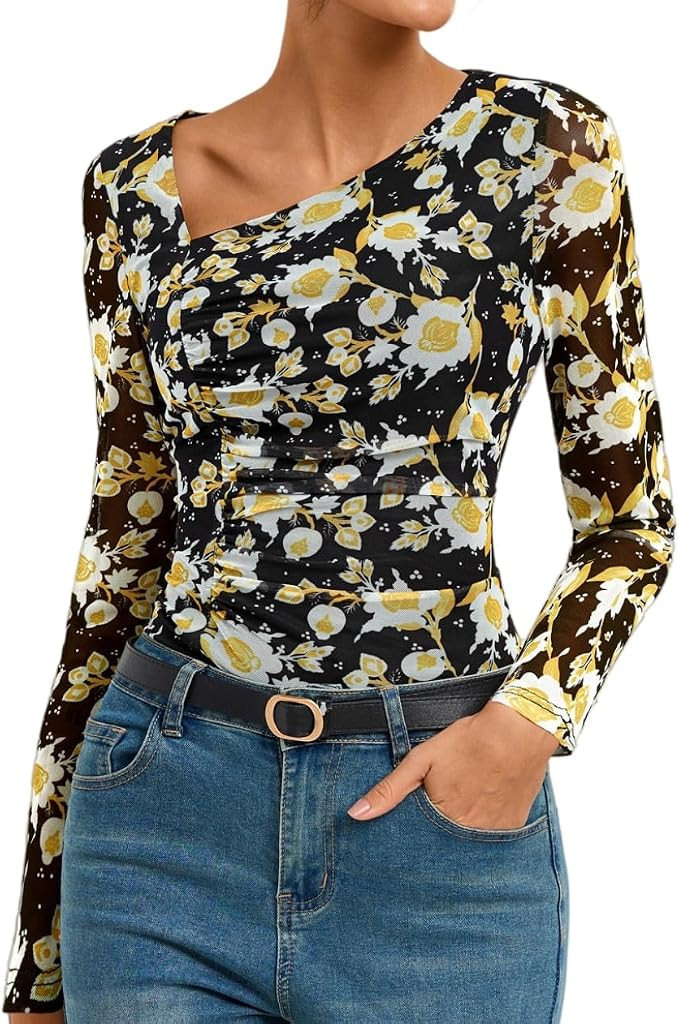 GRACE KARIN Women Mesh Asymmetrical Neck Tops | Dressy Casual Ruched Long Sleeve Boho Shirts, Str... | Amazon (US)