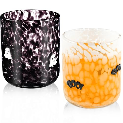 Sel Natural 2 Pcs Halloween Icon Glasses 16oz Icon Juice Glass Cups Ghost Boo Cute Glass Cups Double Old Fashioned Drinking Cup for Holiday Party Home Decor Lovely Gifts | Amazon (US)