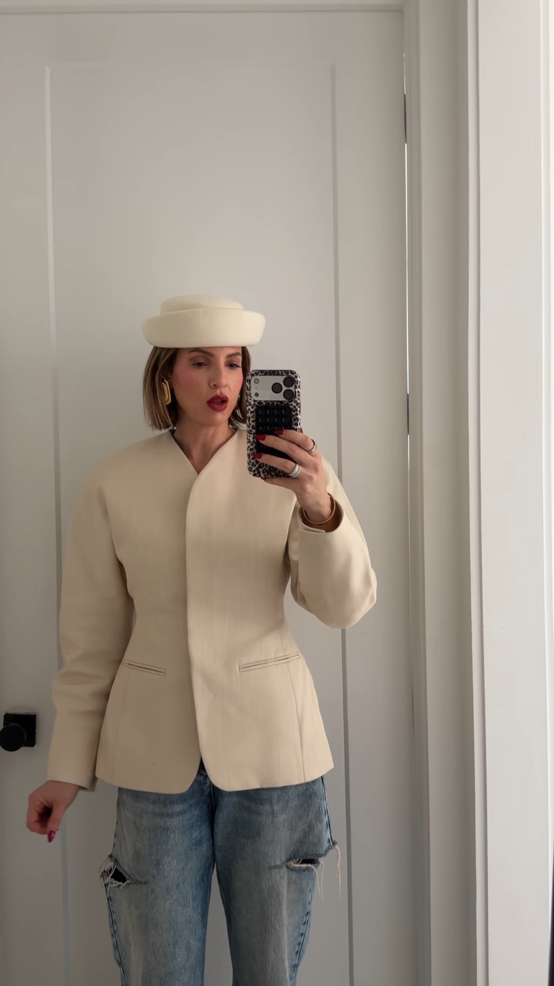 Wearing a size 38 in the blazer. Jeans run tts. Lipstick is shade spice it up and is the famous color Rachel wore in friends all the time! 😄 earrings are from tame New York 

#LTKTall #LTKHoliday #LTKmomlife