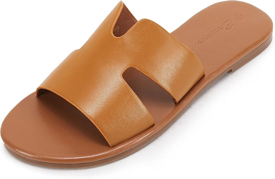 Ermonn Womens Faux Leather Strap Slide Sandals Cutout Slip On Open Toe Beach Comfort Sandals Summ... | Amazon (US)