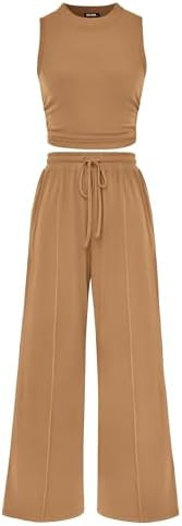 BTFBM Summer Outfits For Women 2026 Cropped Sleeveless Tank Tops Wide Leg Pants 2 Piece Sets Beac... | Amazon (US)