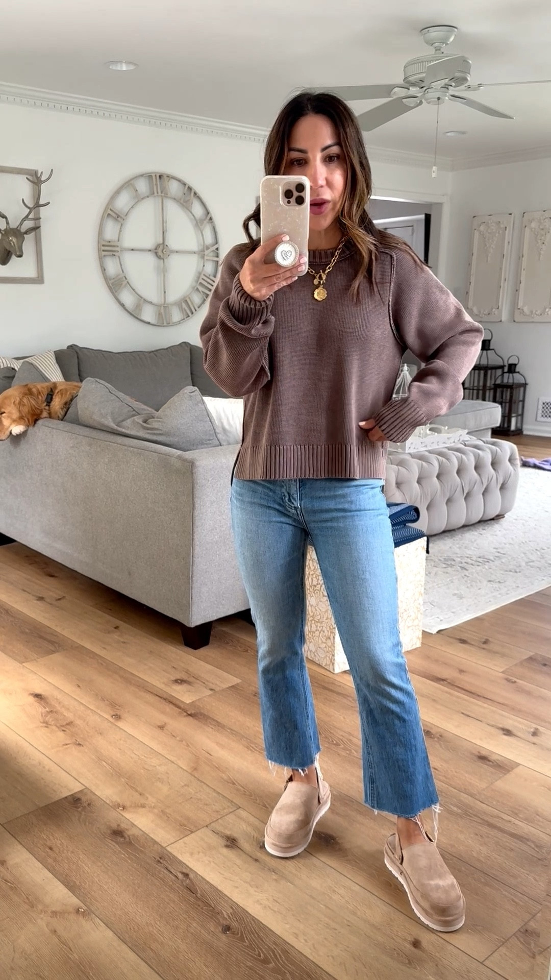 Studio 4 code TAMMY10. Small brown sweater, jeans 25. I cut them. Clogs TTS.

#LTKFindsUnder100 #LTKOver40