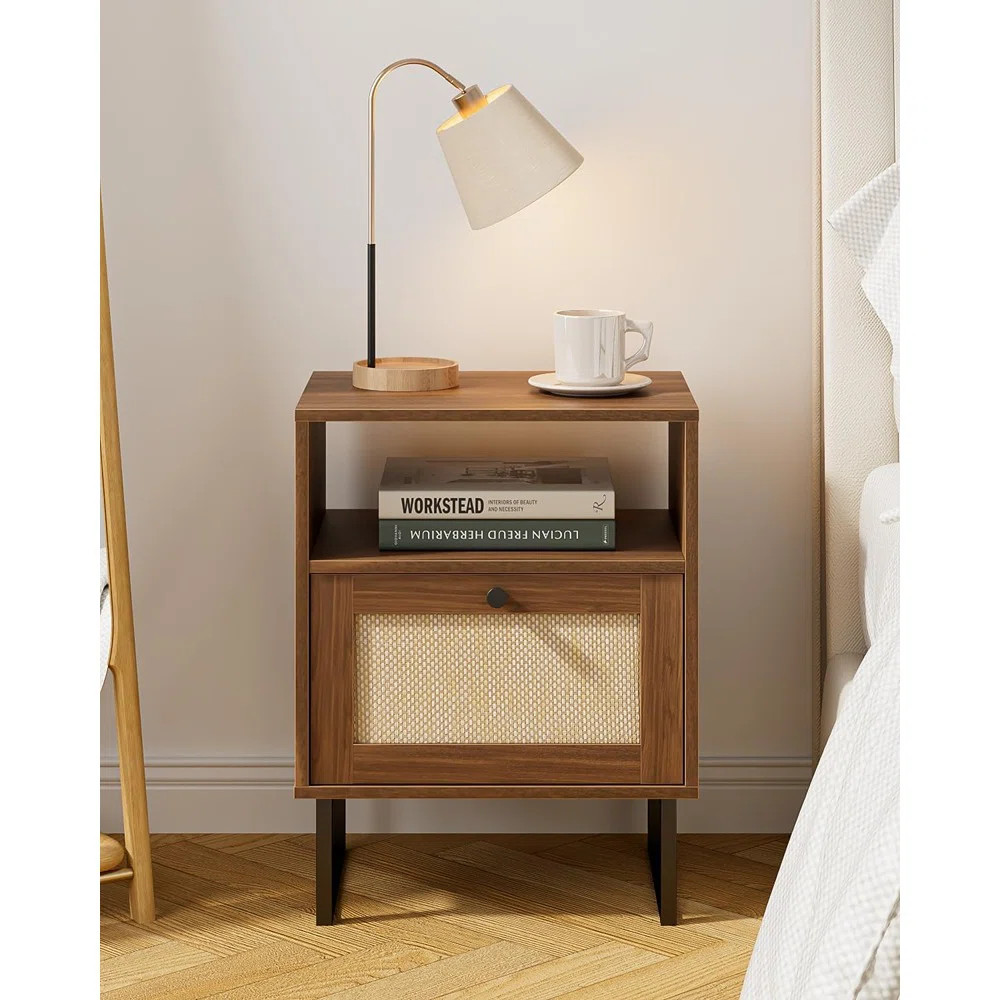 Modern Boho Farmhouse Wood Bedside Table With Storage Drawer And Open Shelf,small Black Frame Sid... | Wayfair North America