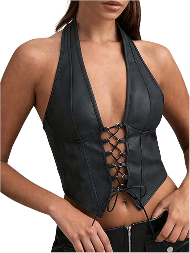 SOLY HUX Women's PU Leather Halter Top Lace Up Sleeveless Backless Y2k Crop Tank Tops | Amazon (US)