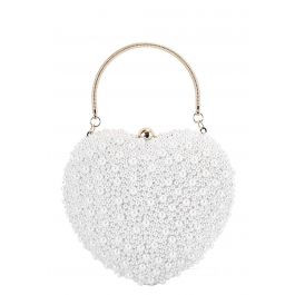 Pure White Full Pearl Heart Clutch | Chicwish