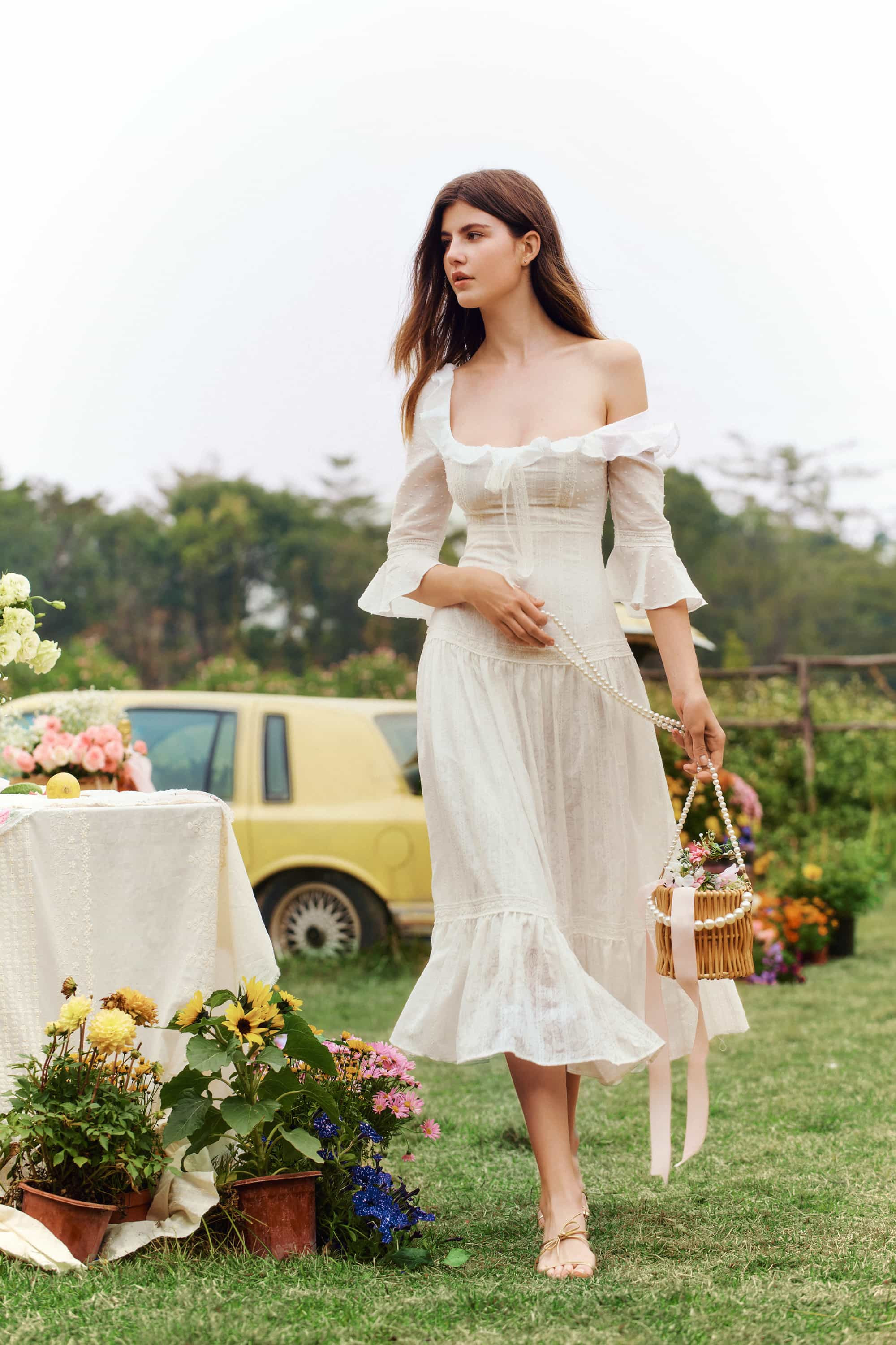 Hera Embroidered Cotton Midi Dress in White | American Heiress