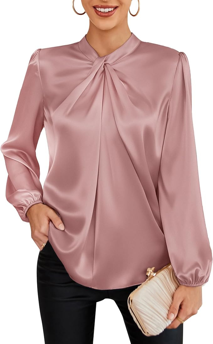 GRACE KARIN Women's Long Sleeve Satin Blouse,Mock Neck Work Silk Shirts,Dressy Tops for Business ... | Amazon (US)