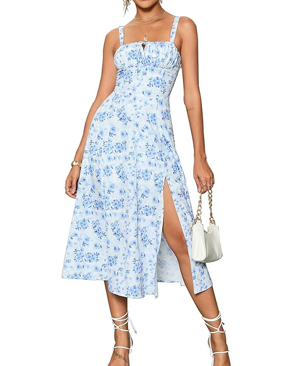 Floral Midi Corset Dress Boho Flowy Slit Lace Up Dresses for Women Going Out A Line Casual Sundre... | Amazon (US)