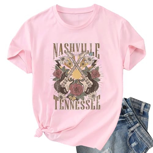 Nashville Shirt for Women Music City Guitar Graphic T Shirt Vintage Band Tees Tennessee Concert Tees Tops (Small, Pink) | Amazon (US)