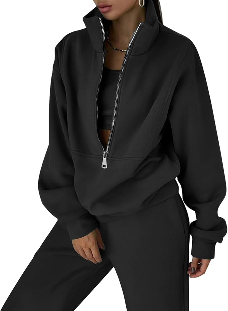 COZYPOIN Women's Fleece Two Piece Outfit Half Zip Sweatshirt And Joggers Pants Set Tracksuit | Amazon (US)