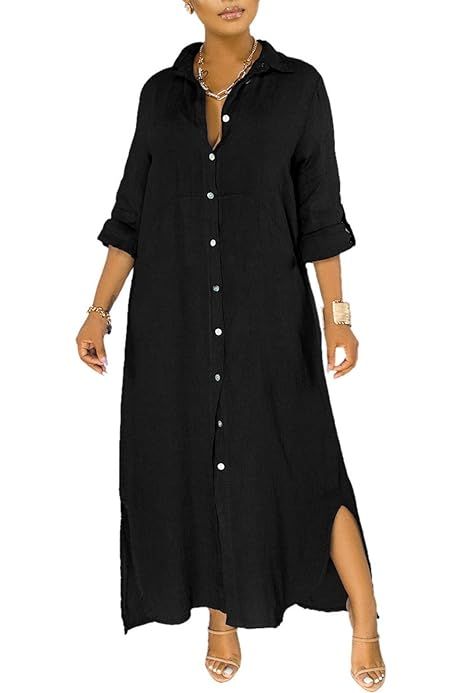 GGUHHU Womens Chic Button Down Rolled-Up Sleeve Long Cotton Blouse Maxi Dress | Amazon (US)