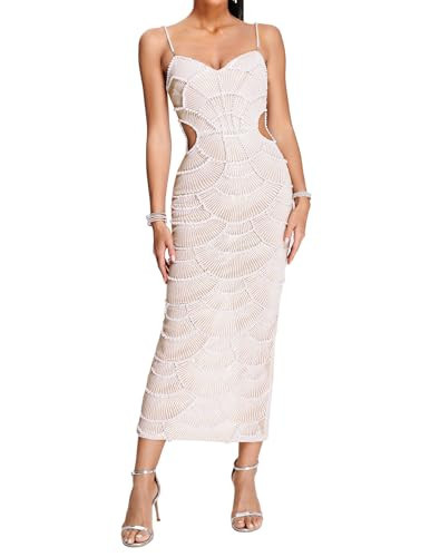 BELLA BARNETT White Pearl Dress Spaghetti Strap Garden Party Dress Cutout Sequin Dress Corset Cocktail Dress Ruffle Elegant Dress Maxi Evening Dress | Amazon (US)
