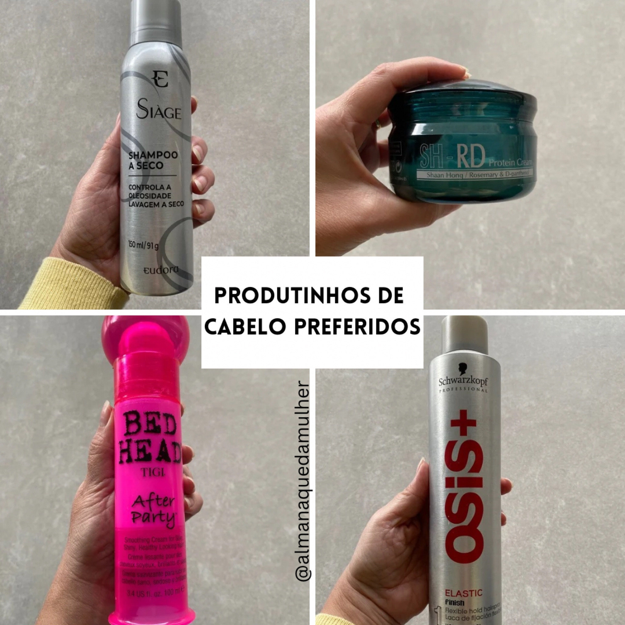 Meus produtinhos de cabelo que nunca faltam aqui em casa.

✅ Shampoo a Seco da Eudora Siàge - indispensável se você tem a raiz  dos cabelos oleosa como a minha.
✅ SH-RD - leave-in que restaura os fios porosos e com pontas duplas.
✅ After Party Bed Head - outro leave-in que deixa o cabelo sedoso, macio e perfumado.
✅ Osis Elastic - spray fixador que não deixa os fios duros. Fixa mas permite pentear.

E aí? Já usou algum desses?

#LTKbrasil #LTKbeauty