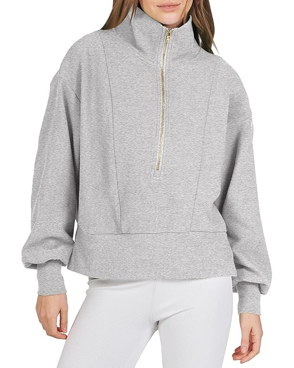 ANRABESS Women Half Zip Cropped Sweatshirt Casual Fleece Quarter Zip Up Rib Knit Pullover 2023 Fa... | Amazon (US)
