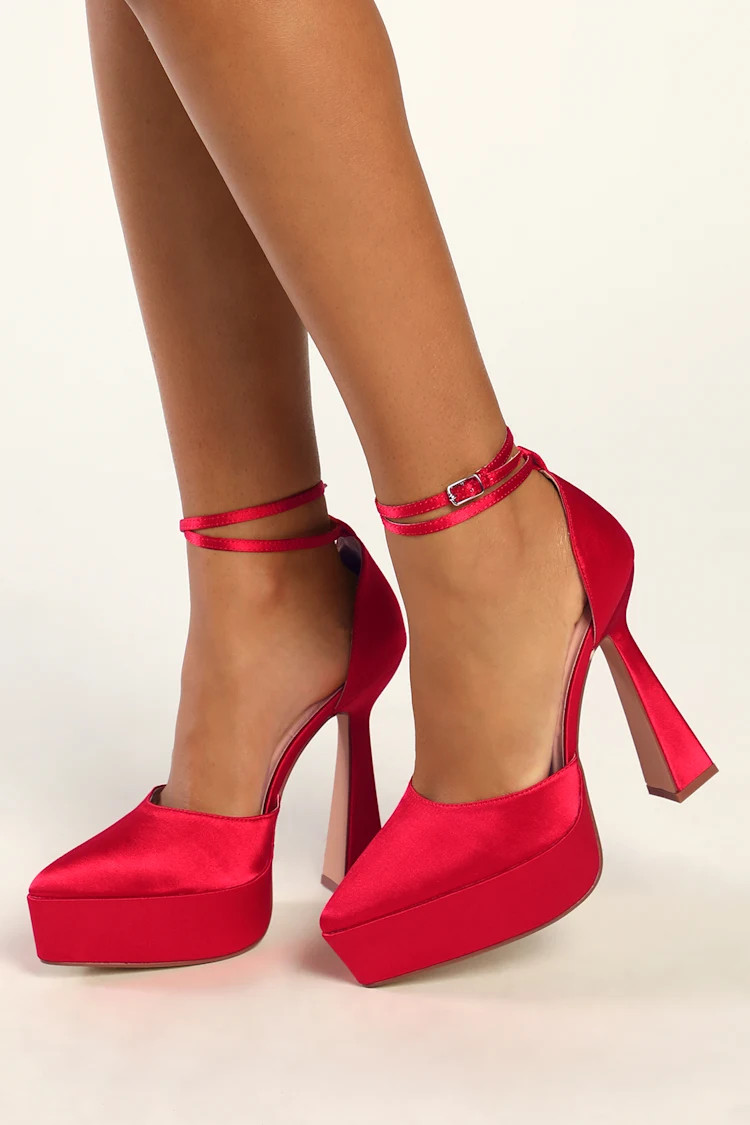 Galana Red Satin Platform Pointed-Toe Ankle Strap Pumps | Lulus (US)