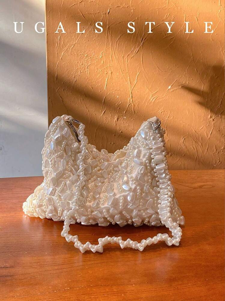 Valentine's Day Oval Shaped Crochet Flower Bag Women's Evening Clutches Bags Bridal Wedding Purse Party Prom Hand Woven Beaded Faux Pearl Half Moon Handbag ﻿ | SHEIN