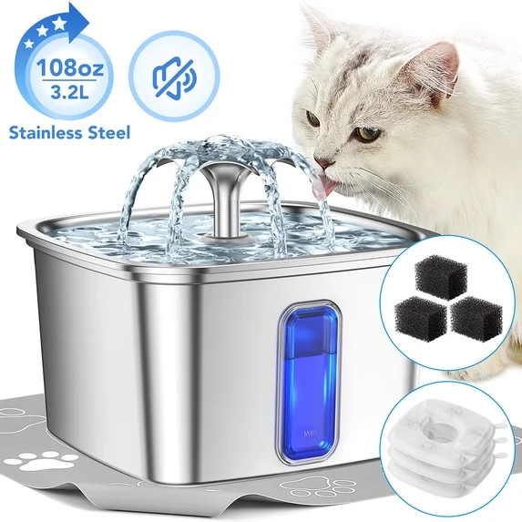Ophanie 108oz/3.2L Stainless Steel Cat Water Fountain with Replacement Filters & Silicone Mat, Au... | Walmart (US)