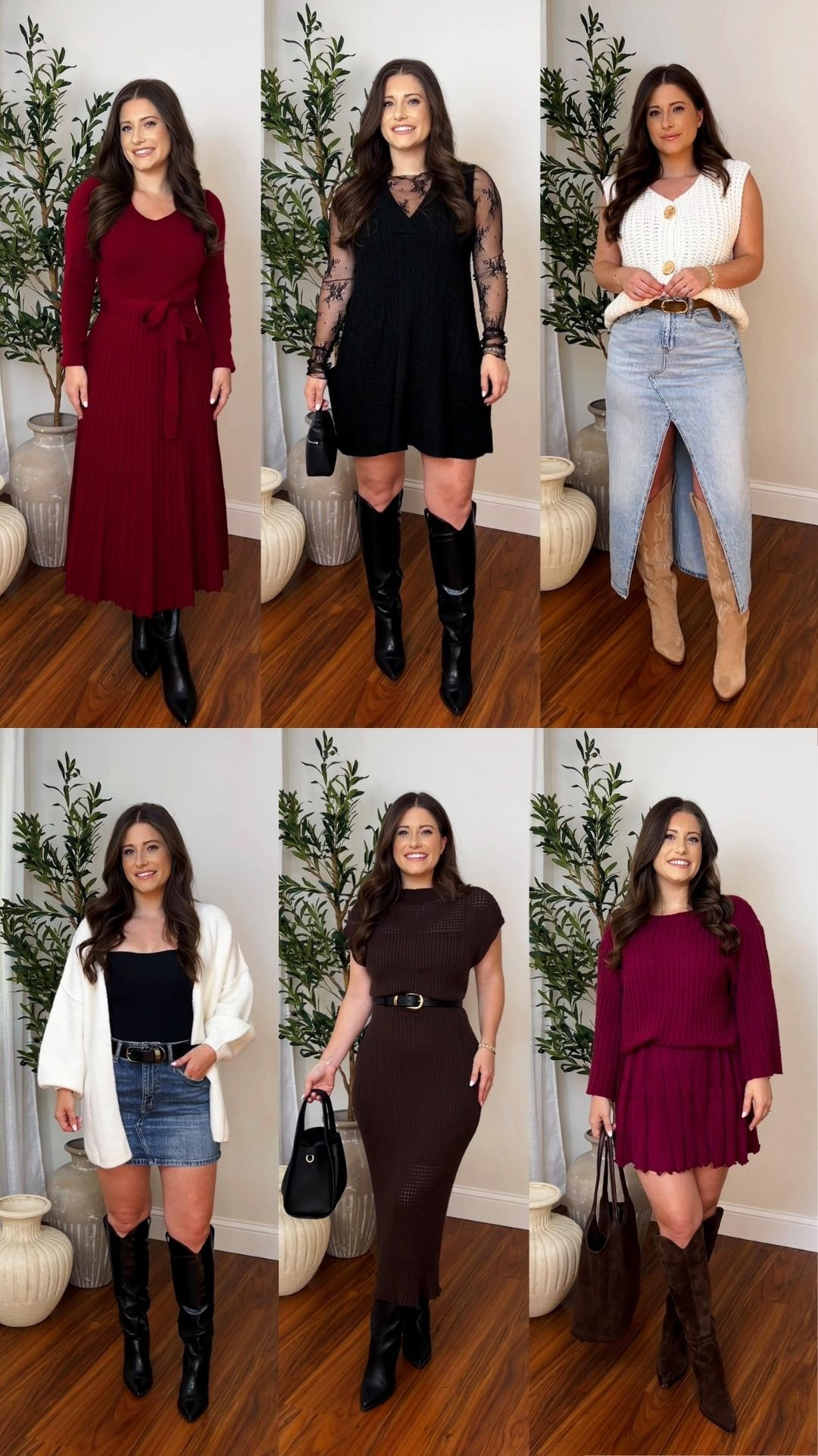 Chic Outfits You Should Copy! I'm 5'1 wearing size Small Red Knit Dress / Size Small Lace Long Sleeve Top, Size Sweater Vest Dress / Size Small White Knit Vest / Size Small white Cardigan, Size XS Cami / Size Small Brown Sweater Dress / Size Small Burgundy set  

 

#LTKootd
