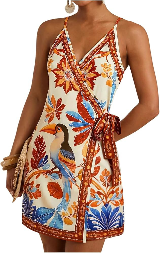 RoseSeek Women's Tropical Print Cami Dress Sleeveless Wrap V Neck Tie Knot Boho Short Dresses | Amazon (US)