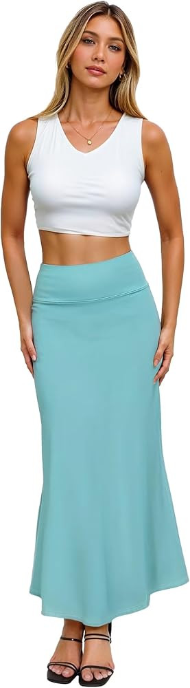 Hybrid & Company Women's Stretch Lightweight Flowy Maxi Skirt \u2013 Casual Fold Over Waist, Made... | Amazon (US)