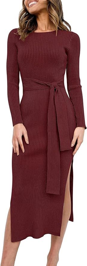 Caracilia Women's Crew Neck Long Sleeve Midi Sweater Dress Elegant Side Slit Rib Knit Slim Tie Wa... | Amazon (US)