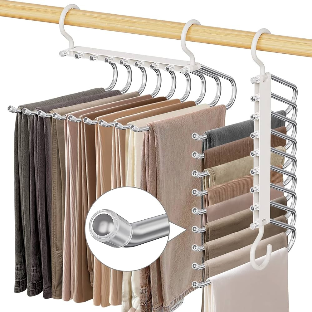 Upgrade 9 Layers Pants Hangers Space Saving, 2 Pack Pant Hangers Organizer Multifunctional Pants ... | Amazon (US)