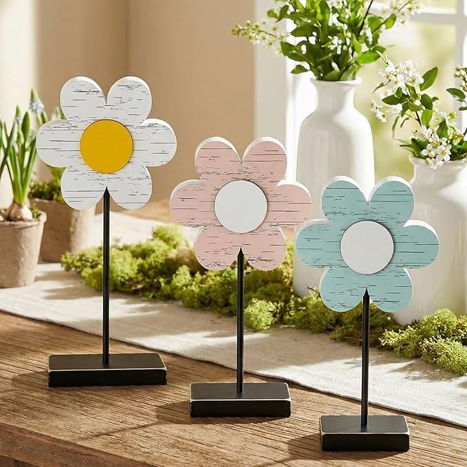 3 Pcs Spring Flower Wooden Table Sign Freestanding Flower Tabletop Farmhouse Centerpiece for Tabl... | Amazon (US)