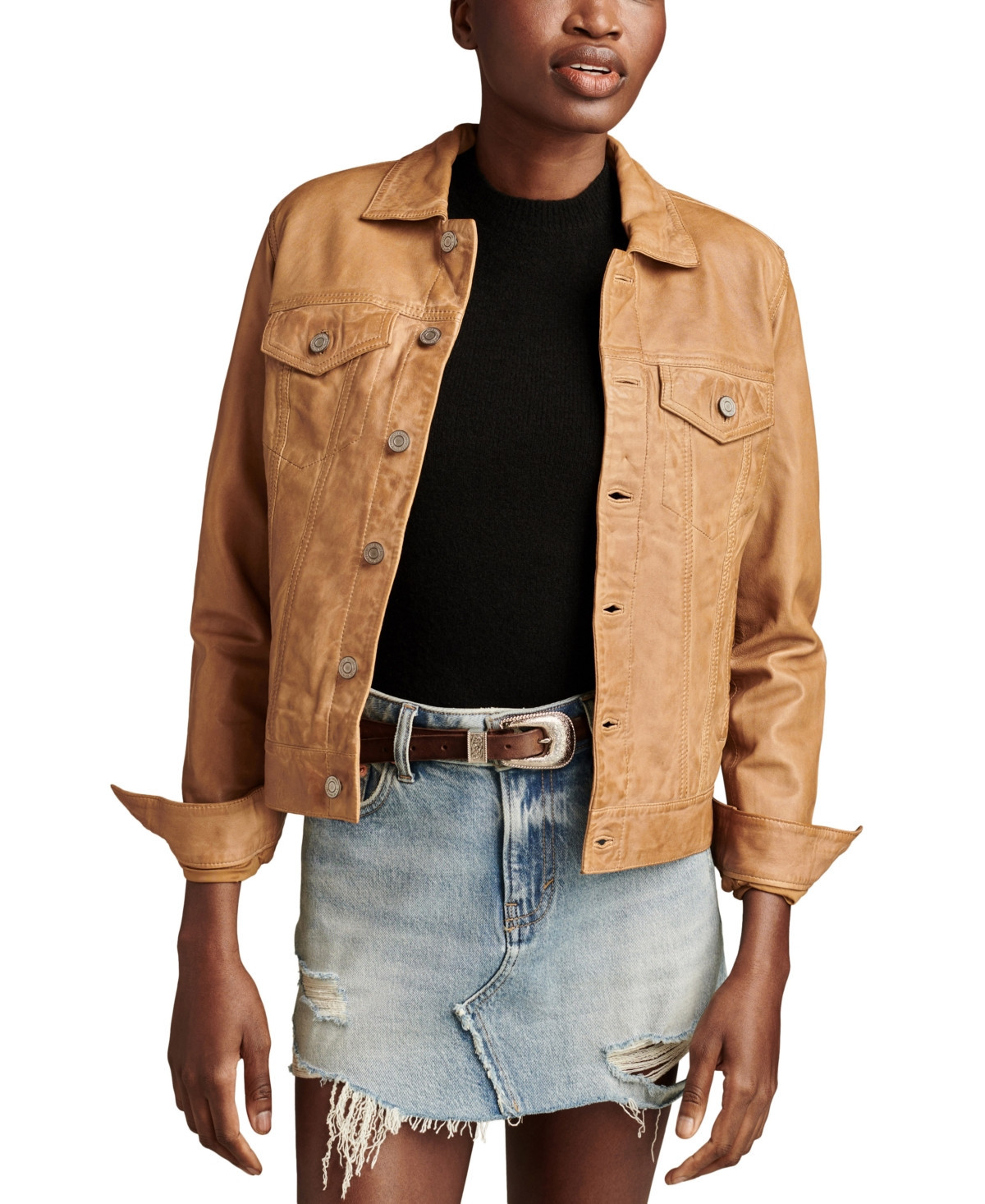 Lucky Brand Leather Trucker Jacket - Cognac | Macy's