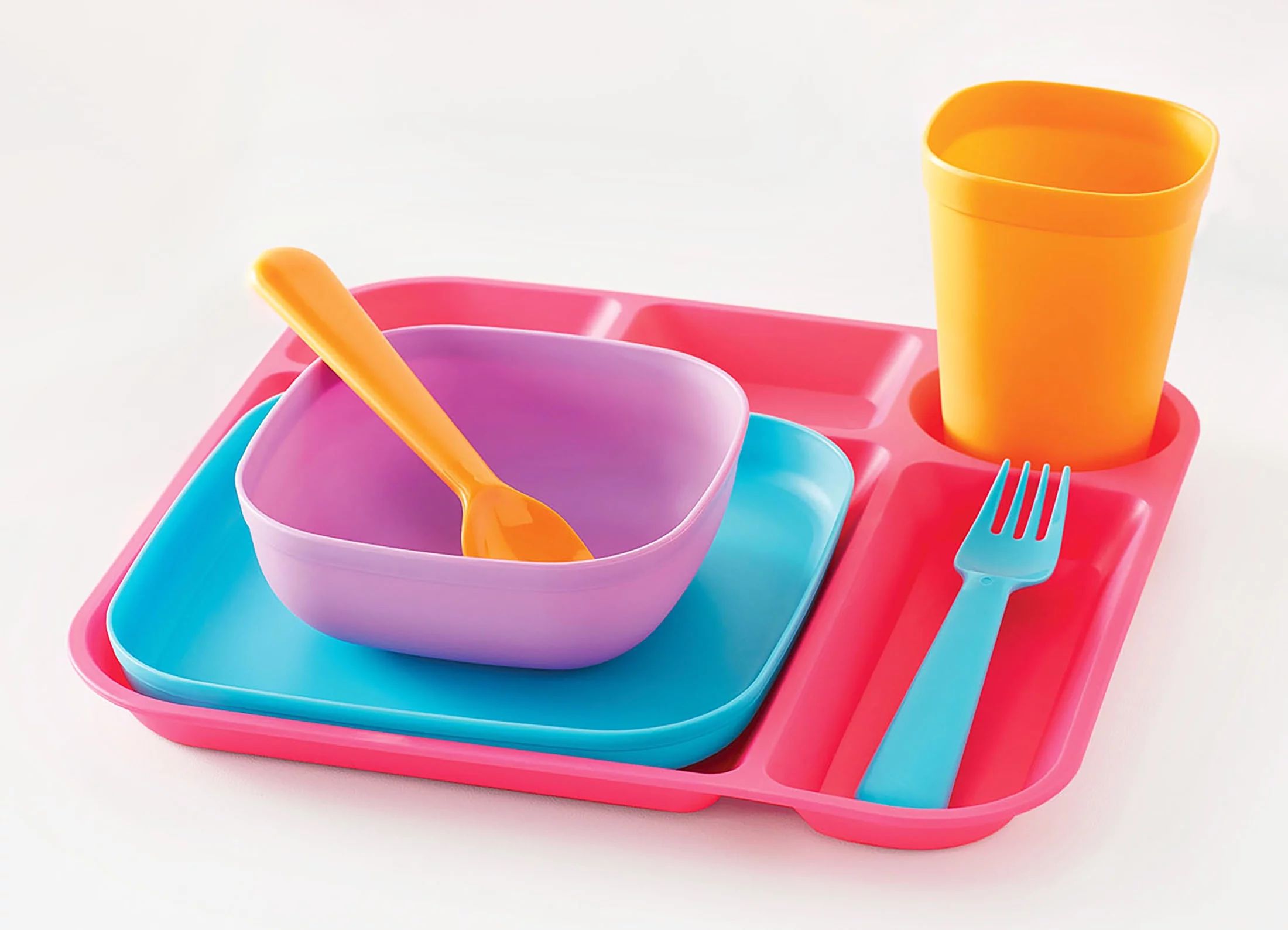 Your Zone 24 Piece Plastic Dinnerware Set for Kids with 4 Each Trays, Bowls, Plates, Cups, Forks ... | Walmart (US)