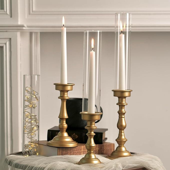 NUPTIO Hurricane Candle Holder for Centerpiece: Set of 3 Gold Candlestick Holders with Glass Shad... | Amazon (US)