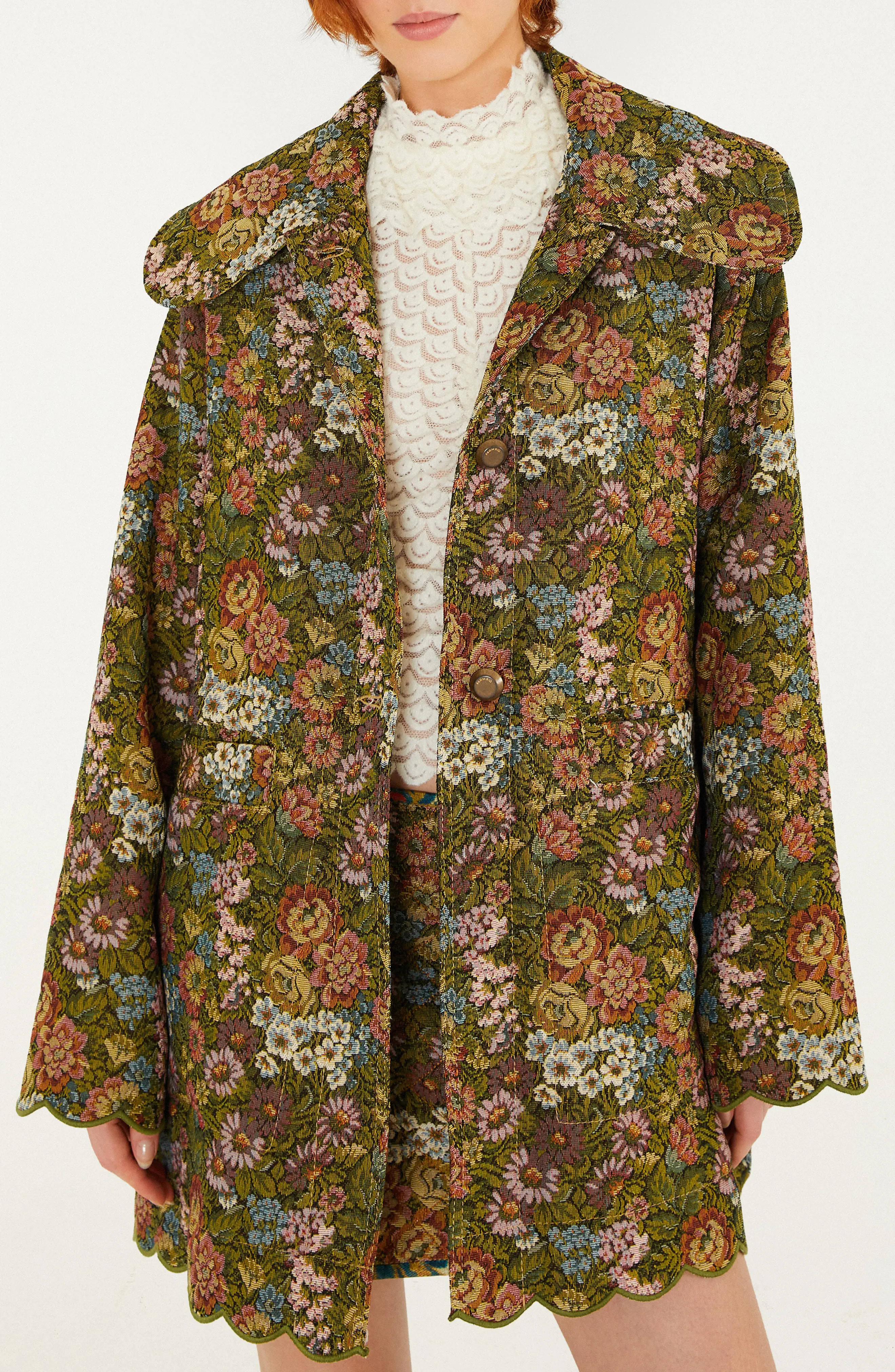FARM Rio Flower Jacquard Trench Coat in Green at Nordstrom, Size Medium | Nordstrom
