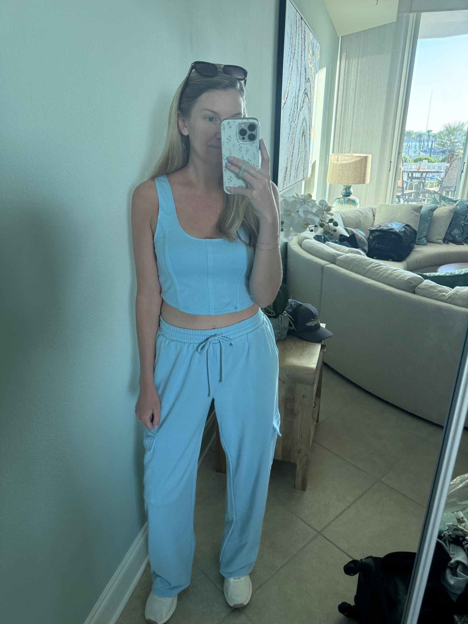 Blue walmart cargo sweatpants and tank matching set! Wearing size small 

#LTKTravel #LTKmomlife #LTKootd
