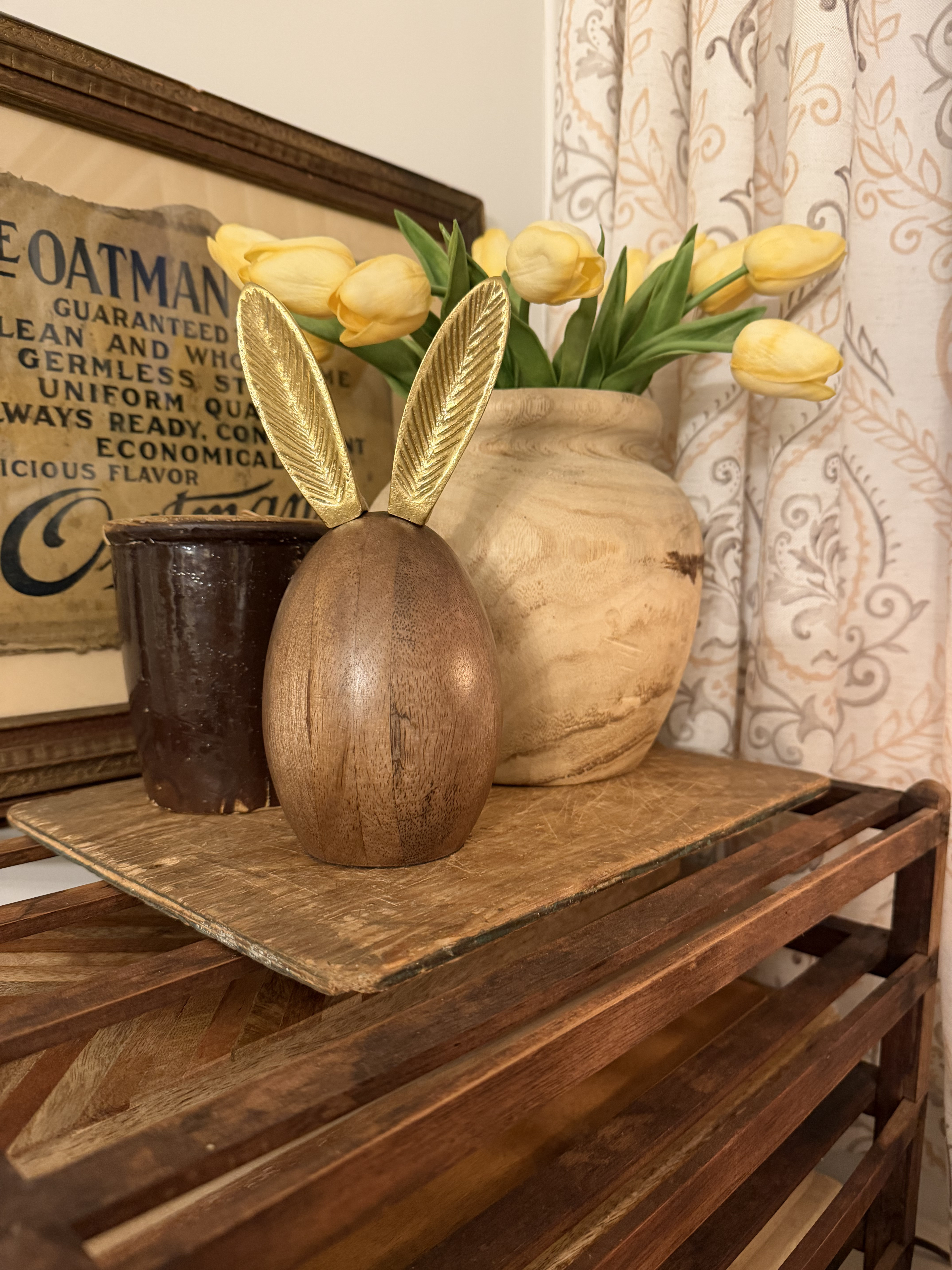I added this wooden egg with golden bunny ears to my vintage home decor, and it is such a cute addition for our Spring and Easter home decor.  

 #LTKSeasonal #LTKHome